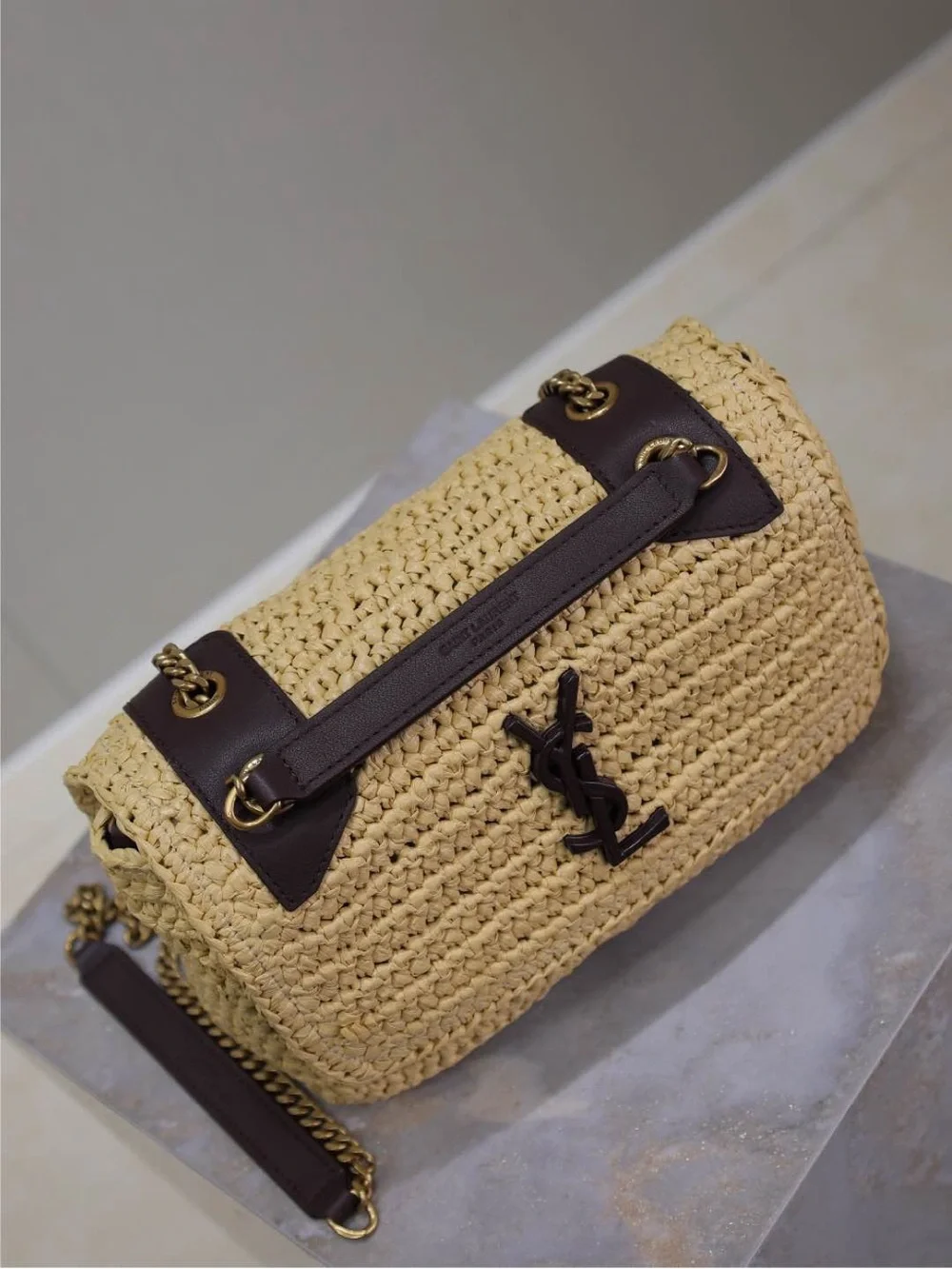 Saint Laurent Straw Crochet Shoulder Bag in Natural Beige with Dark Brown Trim